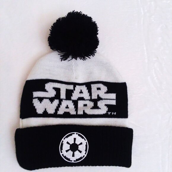 New Star Wars Beanie Hat Knit Pom Pom Black White Winter Comfy Disney Fuzz Ball - Picture 1 of 4
